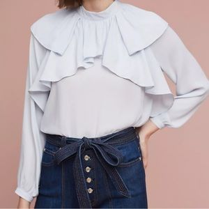 Anthropologie Maeve Eliana Ruffled Mocked Neck Light Blue Blouse Size Small